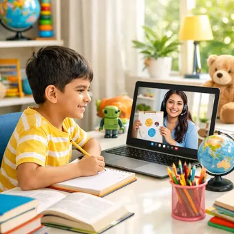 Child in an online tutoring session