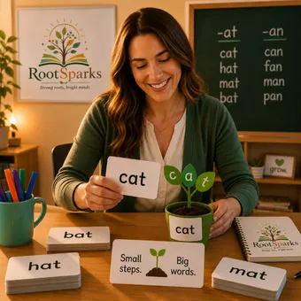 Teacher using phonics flashcards with a student